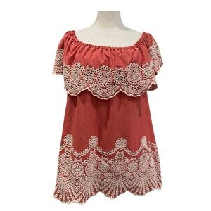 Fever Off Shoulder Top Size Medium Coral Embroidered Boho Peasant Blouse Womens